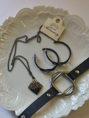 Black Leather Bracelet with Silver Buckle & Matching Black Pave Crystal Jewelry